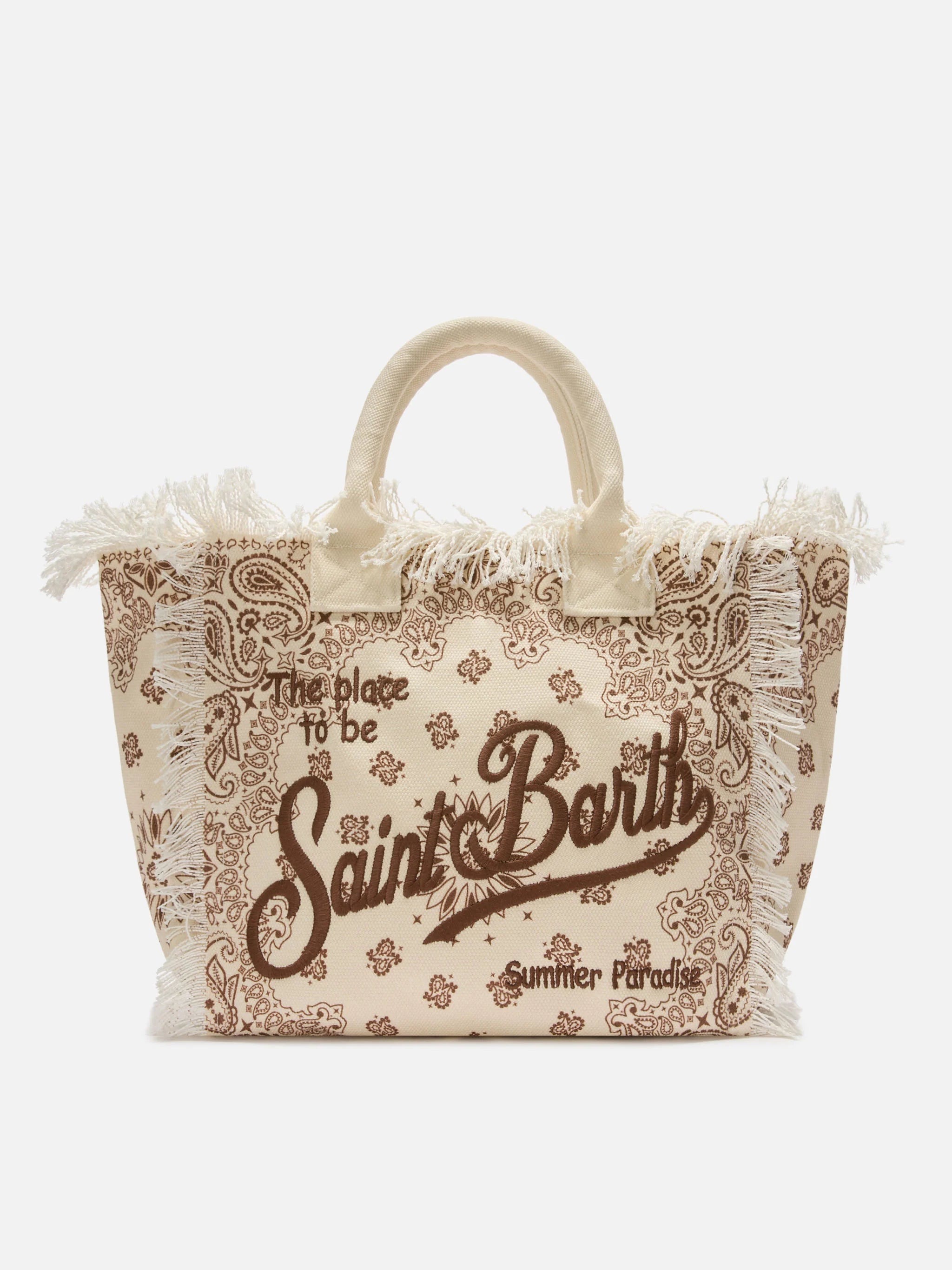 Borsa da mare in canvas beige bandana